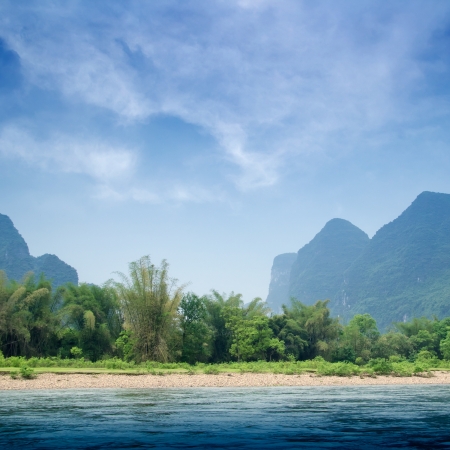 Beautiful Yu Long river Karst mountain landscape in Yangshuo Guilin, Chinaの写真素材