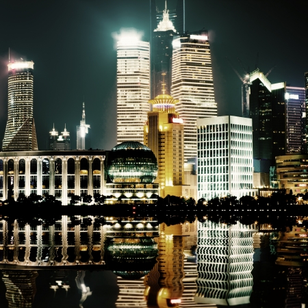 beautiful night view of shanghai skylineの写真素材