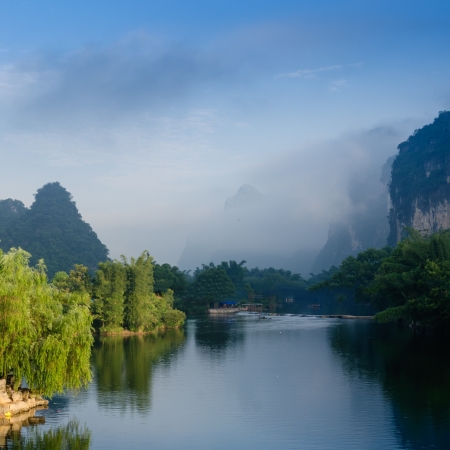 Beautiful Karst mountain landscape in Yangshuo Guilin, Chinaの写真素材