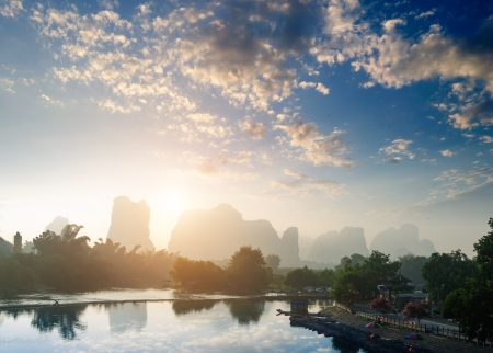 Beautiful Karst mountain landscape in Yangshuo Guilin, Chinaの写真素材