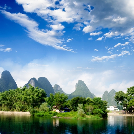 Beautiful Yu Long river Karst mountain landscape in Yangshuo Guilin, Chinaの写真素材