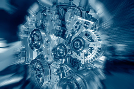 Car engine closeup, focus on pulley