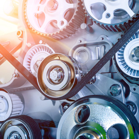 Car engine closeup, focus on pulleyの写真素材