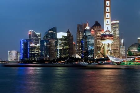 panoramic view of shanghai skyline with huangpu river at duskのeditorial素材