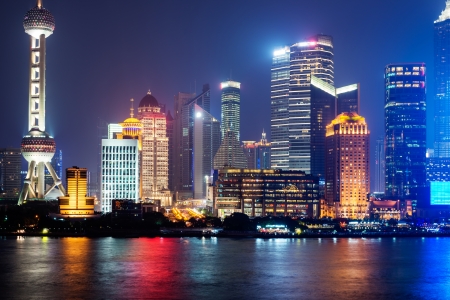 panoramic view of shanghai skyline with huangpu river at duskのeditorial素材