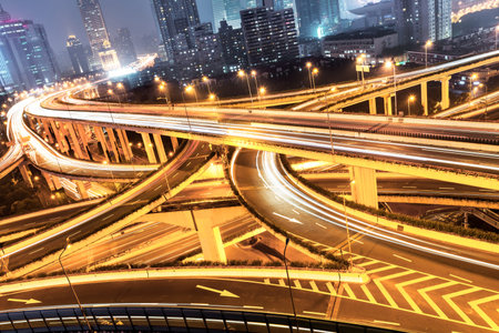 beautiful city interchange overpass at nightfall in shanghai