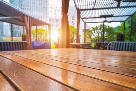Wooden table in the outdoor coffee roomの写真素材
