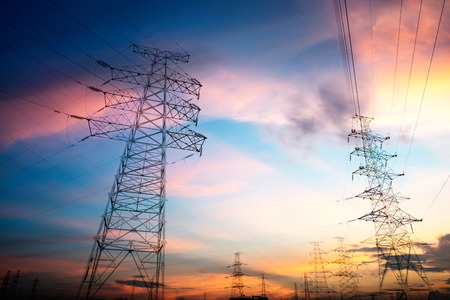 high voltage post.High-voltage tower sky backgroundの写真素材