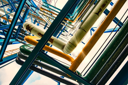 detail of steel light pipeline in oil refineryの写真素材