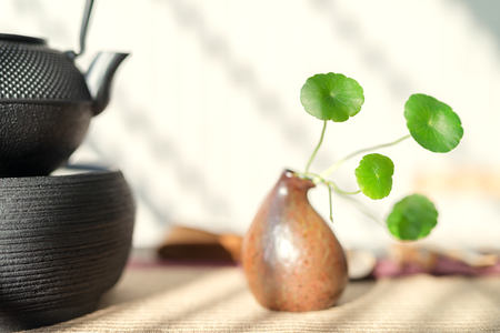 Asian tea set on wooden tableの写真素材