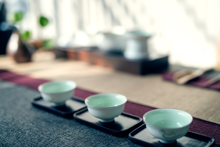 Asian tea set on wooden tableの写真素材