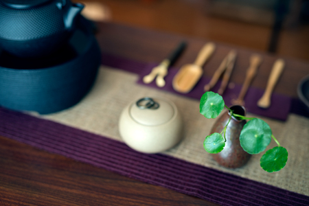 Asian tea set on wooden tableの写真素材