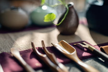 Asian tea set on wooden tableの写真素材