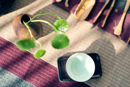 Asian tea set on wooden tableの写真素材