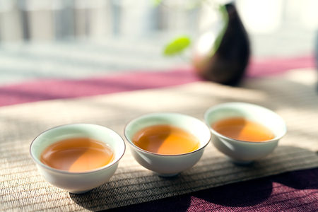 Asian tea set on wooden tableの写真素材