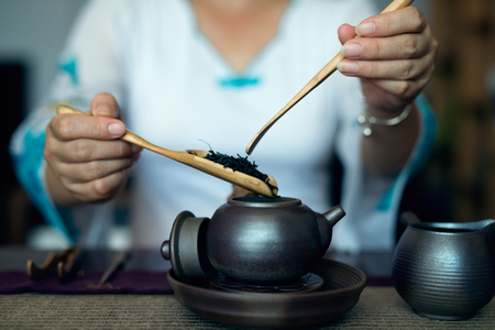 Asian tea set on wooden tableの写真素材