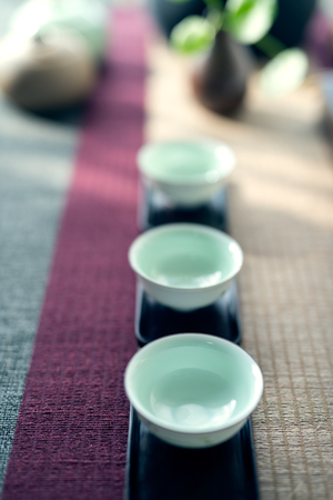 Asian tea set on wooden tableの写真素材