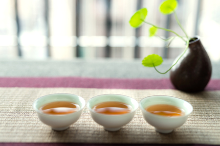 Asian tea set on wooden tableの写真素材