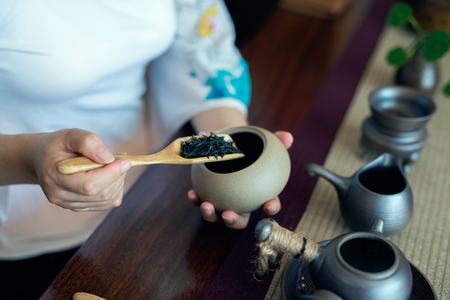 Asian tea set on wooden tableの写真素材