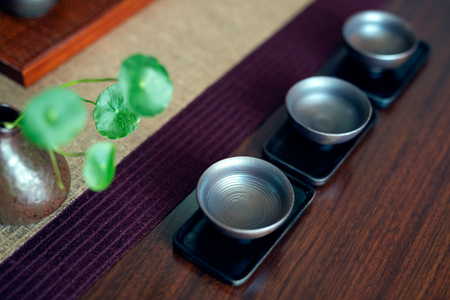 Asian tea set on wooden tableの写真素材
