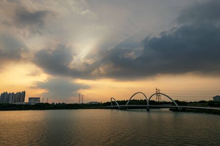 riverside cityscape with viewing platformの写真素材