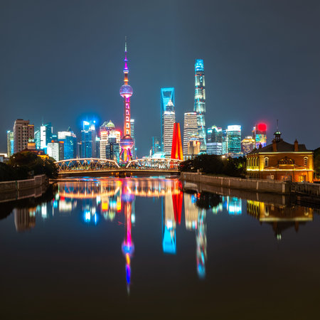 shanghai skyline panorama in sunset, pudong financial center with huangpu river, China