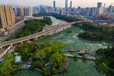 A drone aerial view of the shenzhen cityの写真素材