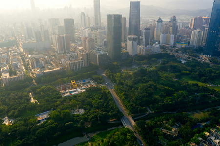 A drone aerial view of the shenzhen cityのeditorial素材