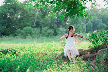 The girl is playing the violin under the big treeの写真素材
