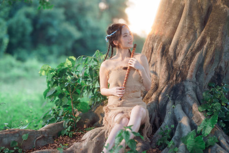 nostalgic theme, girl playing flute under tree
