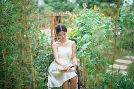 The girl is reading in the yardの写真素材
