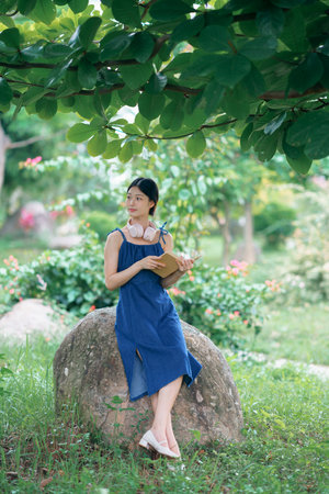 the girl is reading in the yardの写真素材