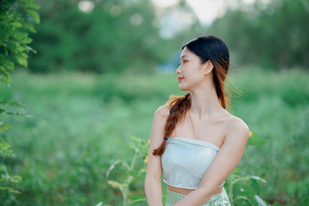 fashion girl in the gardenの写真素材