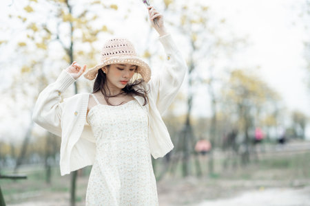 portrait of romantic girl in the woodsの写真素材