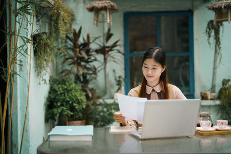 Asian girls work in the courtyard