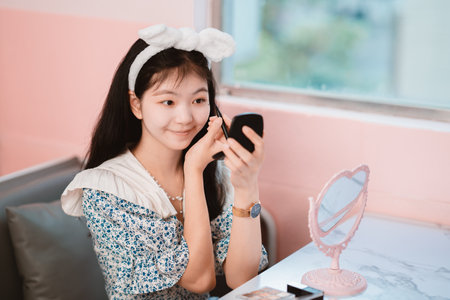 The beautiful young girl is making upの写真素材