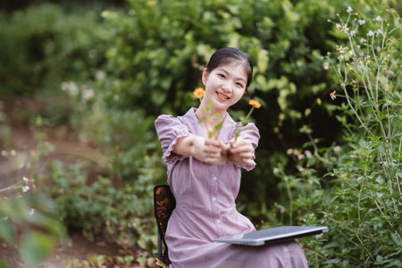 The pretty girl is in the parkの写真素材