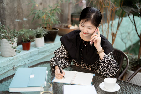 Asian girls work at home