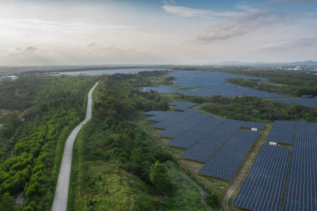aerial view of solar power panels in clean energy generating station