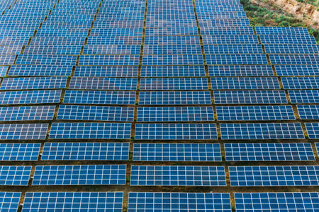 aerial view of solar power panels in clean energy generating station