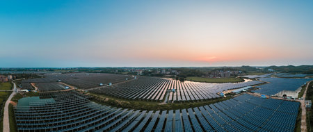 aerial view of solar power panels in clean energy generating stationの写真素材