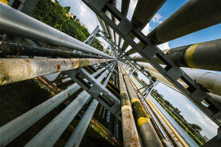 detail of steel light pipeline in oil refinery
