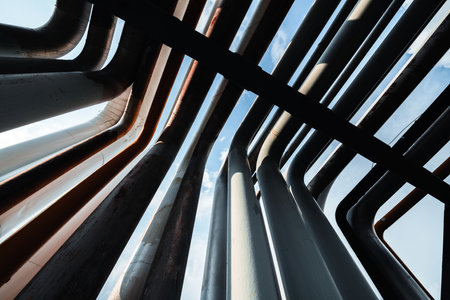 detail of steel light pipeline in oil refineryの写真素材