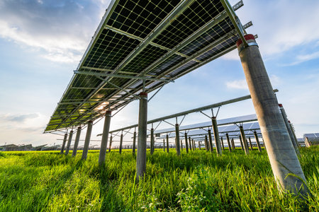Solar power plants and rice fields at duskの写真素材