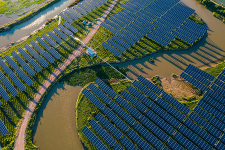 Aerial view of a solar power plantの写真素材