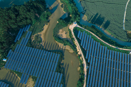 Aerial view of a solar power plantの写真素材