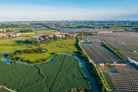 Aerial view of a solar power plantの写真素材