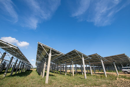 Solar power plants and rice fields at dusk