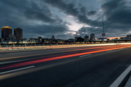 moving car with blur light through city at night