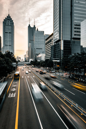 Fast moving car light in the cityの写真素材